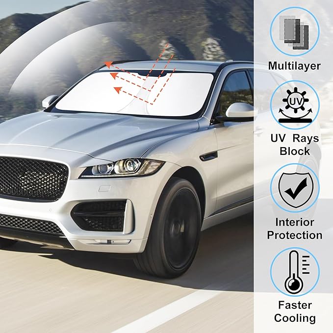 Windshield Sun Shade Custom Fit for 2016-2024 2025 Jaguar F-Pace F Pace Accessories Foldable Sunshade Sun Blocker Protect Car from Sun Rays & Heat Damage Keep Car Cooler