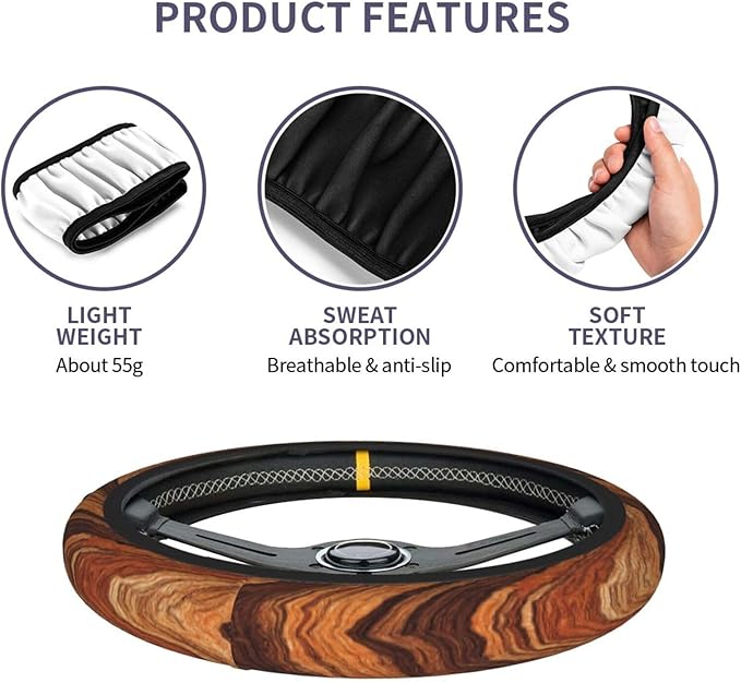 Wood Steering Wheel Cover Elastic Non-Slip Car Steering Wheel Covers with Seat Belt Shoulder Pad for Women Men