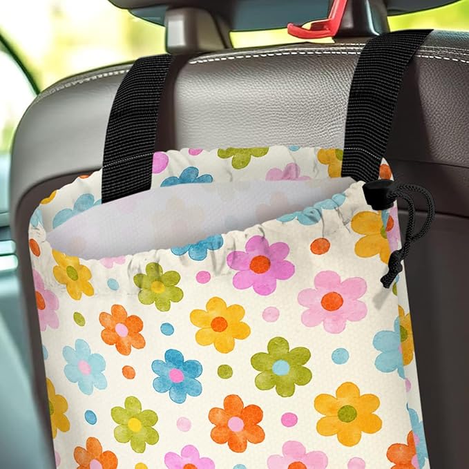 GEGEPINK Car Trash Bag Hanging Back of Seat Waterproof Small Cute Printed One-Handed Strap Drawstring Garbage Bags for Car-Flower