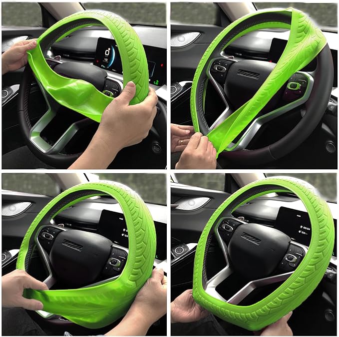 Universal Green Steering Wheel Cover：13.5 to 15 Inches Flexible Silicone Anti Slip Steering Wheel Protector Fit for Most Car Models Including Round D Shape or Special Shape