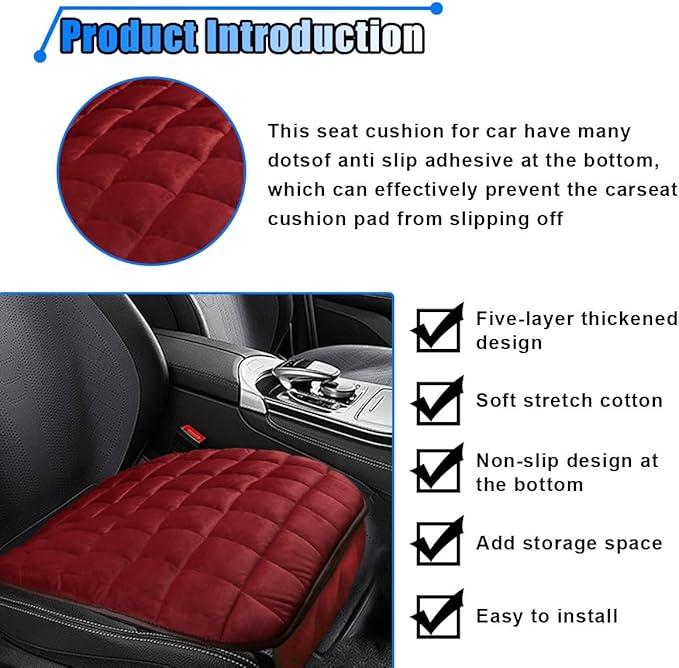 Car Seat Cushion, Soft Plush Vehicle Driver Seat Pad with Storage Pocket, Non-Slip Flat Rubber Bottom, Universal Seat Protector Cover for Truck, Car, SUV, Home, Office, Chair(Red)