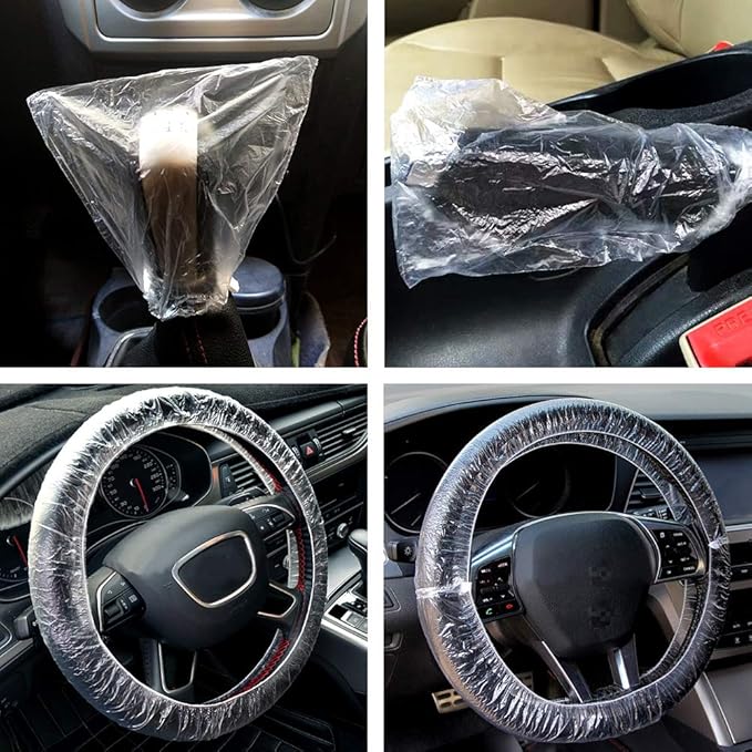 300Pcs Clear Disposable Car Protective Covers Include 100Pcs Disposable Steering Wheel Covers 100Pcs Disposable Gear Shift Cover 100Pcs Disposable Handbrake Cover for Auto Car Accessories