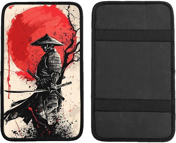 indokyeyqaz Universal Car Center Console Cushion Pad, Retro Japanese Samurai Soft Waterproof Car Center Console Cover Auto Armrest Seat Box Cover Protector for Most Vehicle SUV Truck Car