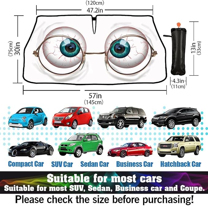 DOPINDU Funny Eyes Car Windshield Sun Shade Umbrella Bendable Handle Foldable Funny Sunshade for Car Windshield Block UV Rays Keep Vehicle Cool for Most Sedans SUV Trucks Cars 57"x30"