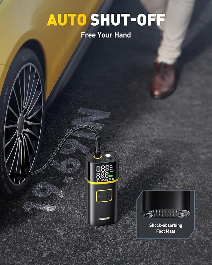 AUXITO Tire Inflator Portable Air Compressor - 150PSI Bike Pump 1Min Fast Inflate with Tire Pressure Gauge, LED Light & Car Accessories, Air Pump for Auto, Moto, Bike, Ball, Car Gifts for Men