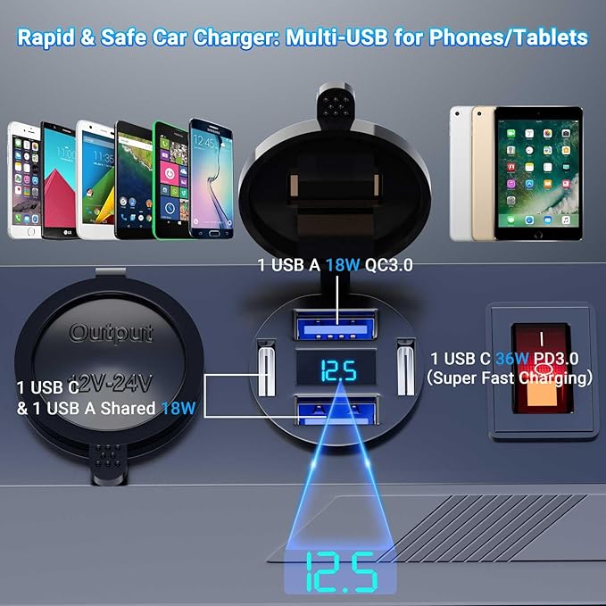 12V Cigarette Lighter Socket Splitter: 180W 15A Power Outlet 3 Socket 4 USB Ports PD66W QC18W - Cigarette Lighter Splitter with 10FT Cable Eyelet Terminal Power Supply Car Plug outlet Battery Adapter
