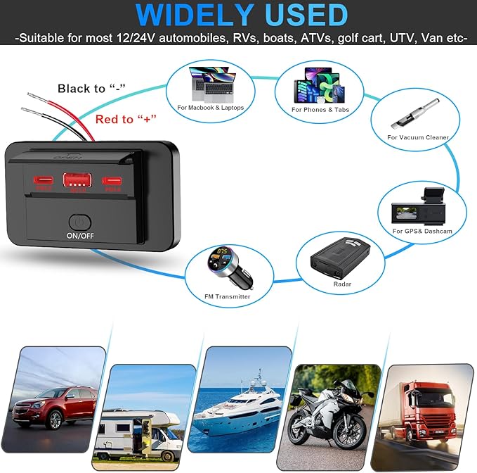 2PCS 3 Ports 12V RV USB Outlet 72W, Dual QC3.0 36W & PD3.0 Type-C Quick Charge 36W Panel Wall Mount, Automotive Car Socket Charger Adapter for Marine Boat Bus ATV Motorcycle Truck