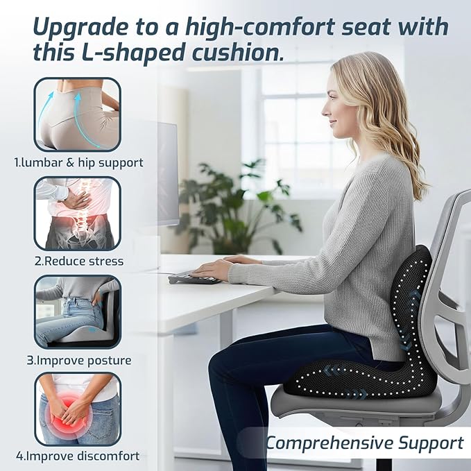 Office Chair Cushions with Lumbar Support Pillow, Soothe Back and Seat Cushion Memory Foam, Non Slip Adjustable Strap for Lower Back Pain Sciatica Relief Office Workers Car Drivers (Black+Ice Silk)
