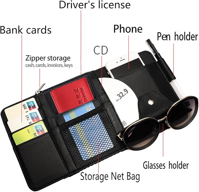 Aturmon 2 Packs Car Sun Visor Multi-Pocket Organizer for SUV & Truck, Auto Visor Storage Pouch with Big Zipper Pocket, Card Sleeve, Driving License, Insurance, Sunglasses, Pen, Key, Lipstick