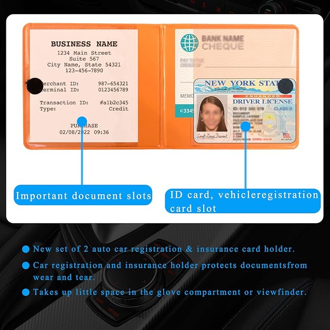 Kewucn 2 PCS Car Registration Insurance Holder, Essential Auto Card Glove Box Organizer, Vehicle Interior Accessories Perfect for Most Car, Truck, SUV (10.55''×4.8'', Orange)