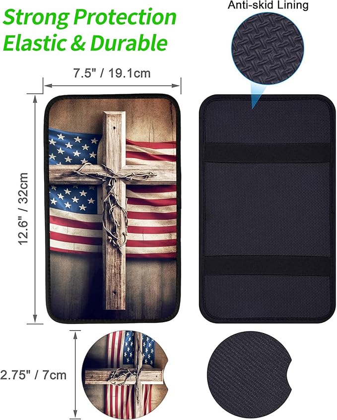 JANENFNA Car Armrest Cover Pads Universal Fashion Cute Auto Center Console Armrest Cover Pad with 2PCS Car Coasters Soft Waterproof Car Armrest Seat Protector for Women,Wooden Cross Flag