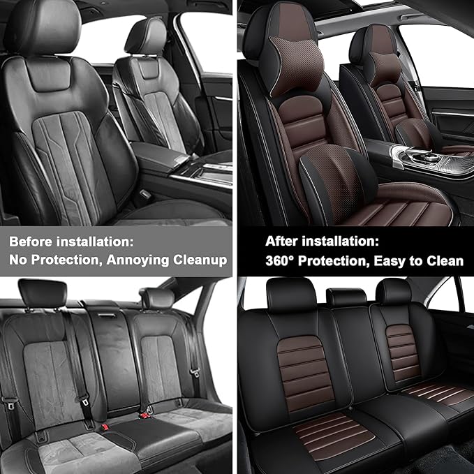 AREKA 5 Car Seat Covers for Honda Civic 2002-2026 Breathable Leather,Waterproof Car Seat Protectors with Comfort Headrest Pillows,Automotive Vehicle Cushion with Storage Pockets (Luxury,Brown)