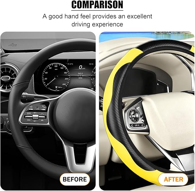 Carbon Fiber Car Steering Wheel Cover, 14.5-15 Inch Elastic Stretch Steering Wheel Guard, Sports Style Non-Slip Automotive Interior Accessories, Universal for Vehicles (Yellow)