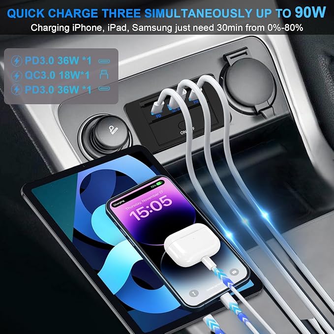 3 Ports 12V RV USB Outlet 90W, Dual PD3.0 Type-C Quick Charge 72W & USB QC3.0 18W Panel Wall Mount, Automotive Car Socket Charger Adapter for RV Marine Boat Bus ATV Motorcycle Truck