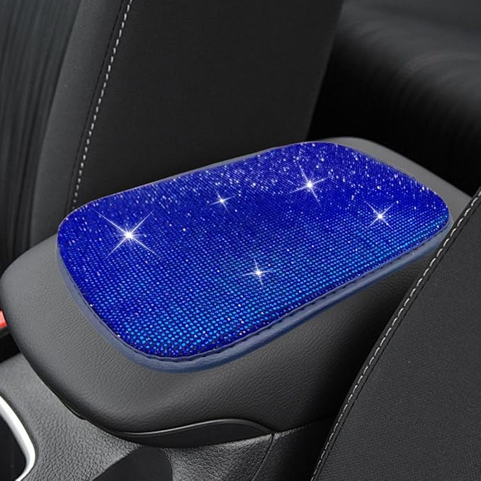 11.9''×8.4'' Bling Car Center Console Cover, Crystal Rhinestone Arm Rest Protective Cushion Pad, Diamond Soft Elbow Pillow, Auto Interior Decoration Accessories for Women Girls (Blue)
