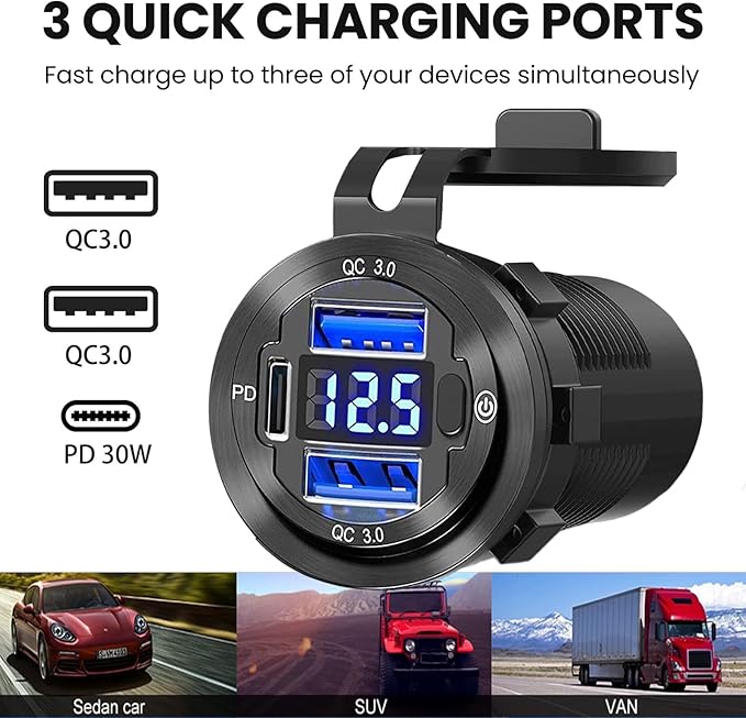 12V USB Car Socket, 3-Port Marine Aluminum USB Quick Charge Waterproof Cigarette Round USB C 12V Outlet for Car Golf Cart Boat Marine Bus Truck RV Marine Motorcycle etc(2QC+1PD(1Pack))