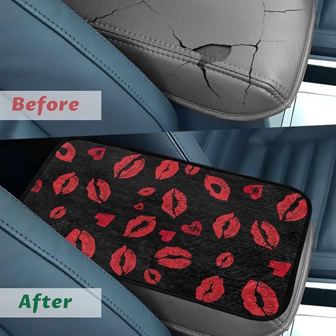 CLOHOMIN Red Kiss Lips Car Center Console Cover Fashion Car Arm Rest Cushion Flannel Auto Console Covers Fluffy Armrest Cover Auto Accessories for Most SUV Van Truck