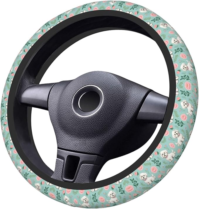 Maltese Floral Universal Fit Steering Wheel Cover for Car, Truck, and SUV, Durable Steering Wheel Protection