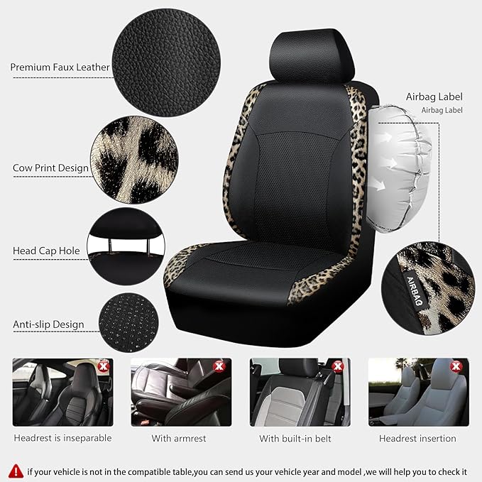 CAR PASS Leopard Print Faux Leather Car Seat Covers & Leopard Car Mats&Leopard Steering Wheel Cover Seat Belt Universal Car Accessories for SUV,Van,Saden,Truck Automobile Interior Sets(Gold Black)