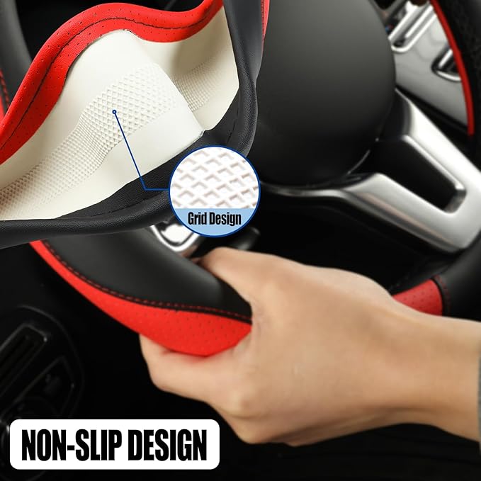 Binsheo Microfibre Leather Auto Car Steering Wheel Cover,Anti Slip 15 Inch,Black and Red