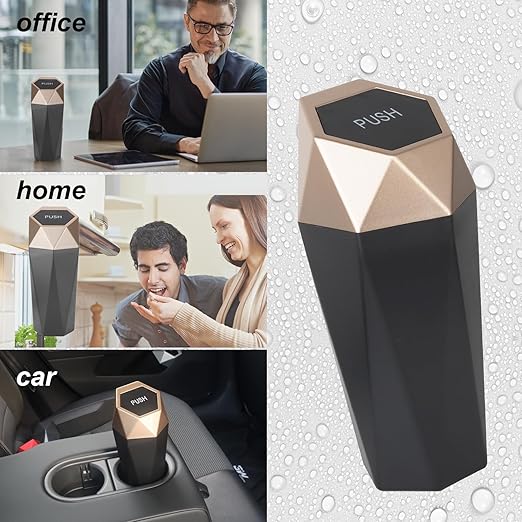 LoyaGour Car Trash Can Bin,Small Garbage Can with Lid,Automotive Cup Holder Mini Cars Trashcan,Portable Cute Cars Door Trash Cans,Women Car Dustbin (2Pcs, Gold)