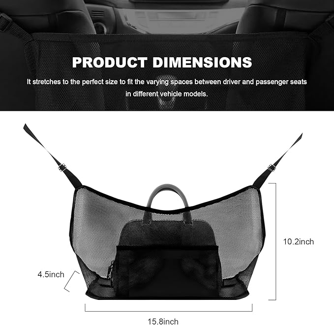 Car Net Pocket Handbag Holder, Auto Purse Holder Organizer Mesh Bag Between Front Seats, Large Capacity Driver Storage Netting Pouch Backseat Barrier for Handbags Purses Wallets