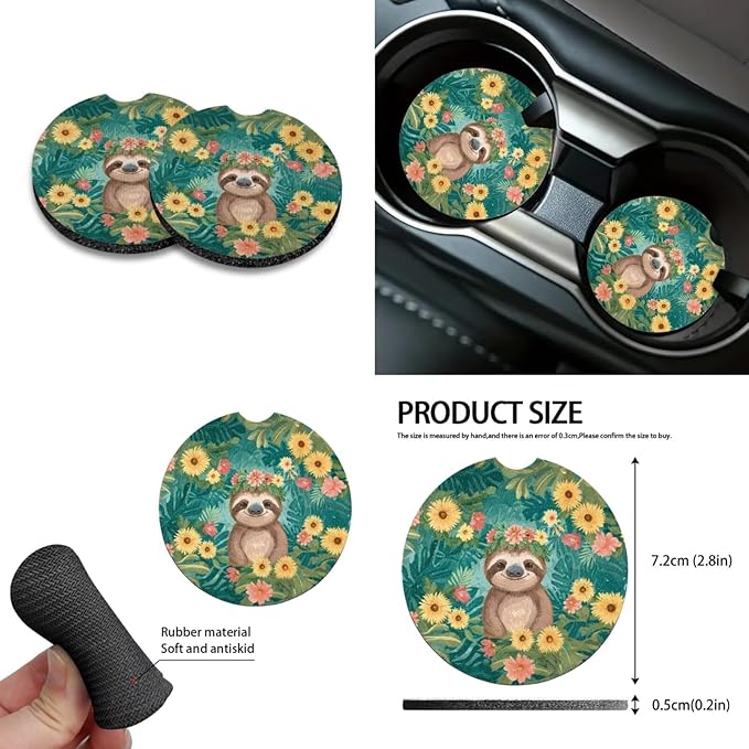 10 Pieces Car Seat Cover Full Sets, Sloth Flower Print Car Front Bucket Seat Protectors with Split Bench Back Seat Covers, Steering Wheel Protector, Coaster, Trash Can, Air Vent Storage Bag