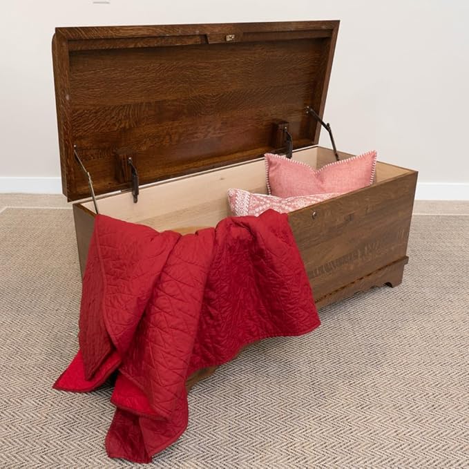Rustic Red Door Co. Cedar Hope Chest with Waterfall Top, Amish Made Wooden Storage Trunk Box for Bedroom, Blanket, Clothes, Anti-Slam Hinges and Lock, 46", Rustic Quartersawn Oak Wood, Asbury Stain