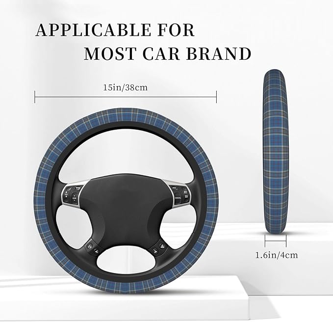 Thickened Elastic Steering Wheel Cover, Plaid Clan Thompson Grey Blue Check Tartan Ultra, Soft, Breathable, Fit for Cars, SUVs, Trucks, Stylish Comfortable Grip
