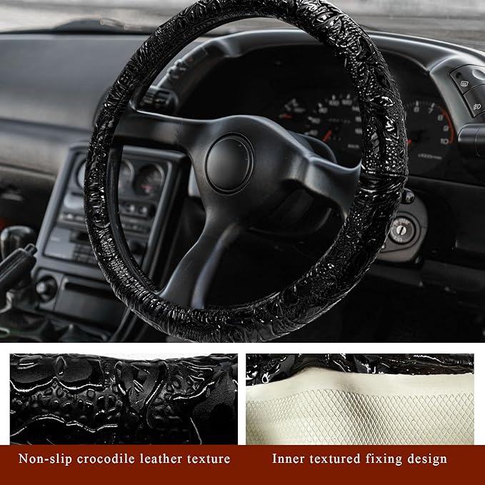 Leather Car Steering Wheel Cover, 15" Crocodile Pattern Anti Slip Car Wheel Wrap with Rose Grain, Four Seasons Universal Auto Steering Wheel Protector for Cars Trucks SUVs (Black)