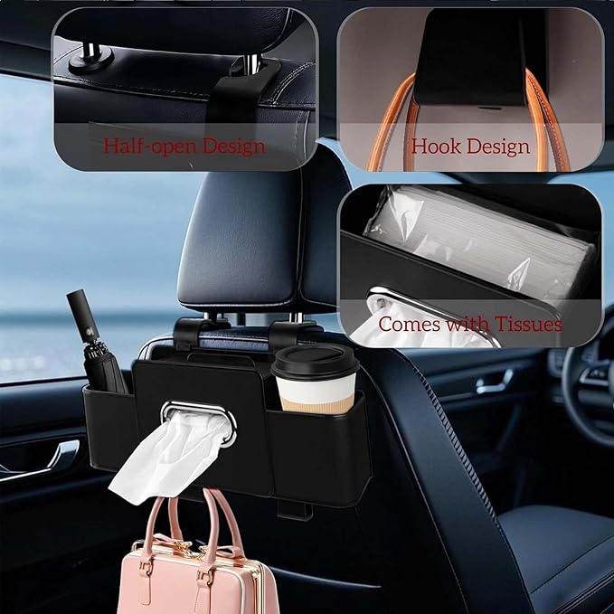 3-in-1 Car Backseat Organizer, 2026 Upgraded Multifunctional Car Seat Back Storage Box, Backseat Car Organizer with 2 Cup Holders, Tissue Box & Hooks, Universal Car Essentials (Brown)