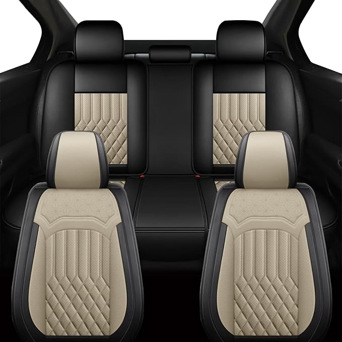 TTX Car Seat Covers Full Set Fit for Infiniti Q50 2014-2025 2026 Breathable Leather Seat Protector with Airbag Compatible Automotive 5 Seat Cushions Cover with Beautiful Patterns (Beige)