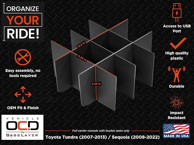 Vehicle OCD - Center Console Organizer for Toyota Tundra (2007-2013) / Sequoia (2008-2022) - Made in USA - SLX111