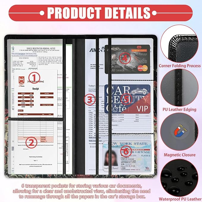 Car Registration and Insurance Card Holder for Women Men, Waterproof PU Leather Glove Box Car Organizer with Magnetic Shut, Vehicle Document Holder for Driver License,Cards, Flower with Skeleton