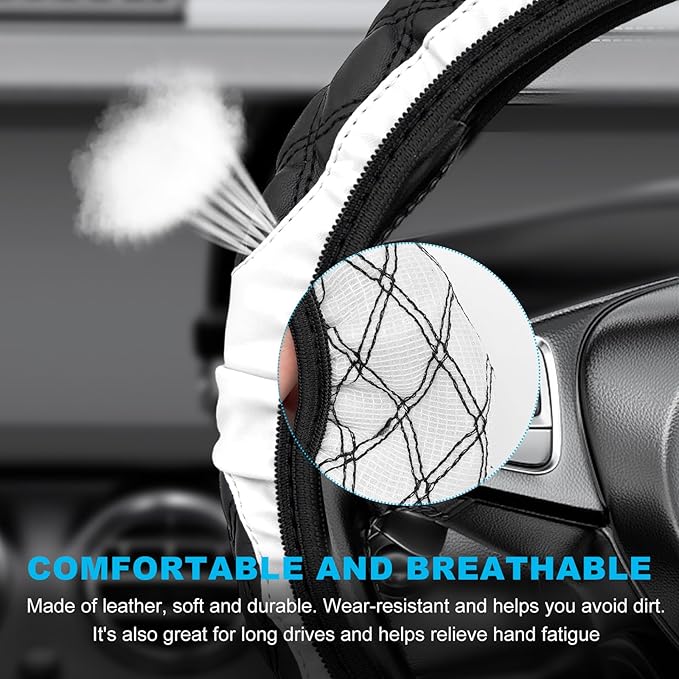 Car Steering Wheel Cover, 15 Inches Non-Slip Leather Car Steering Wheel Protector, Universal Steering Wheel Soft Cover Mats for Car Truck SUV, Interior Car Accessories (White)