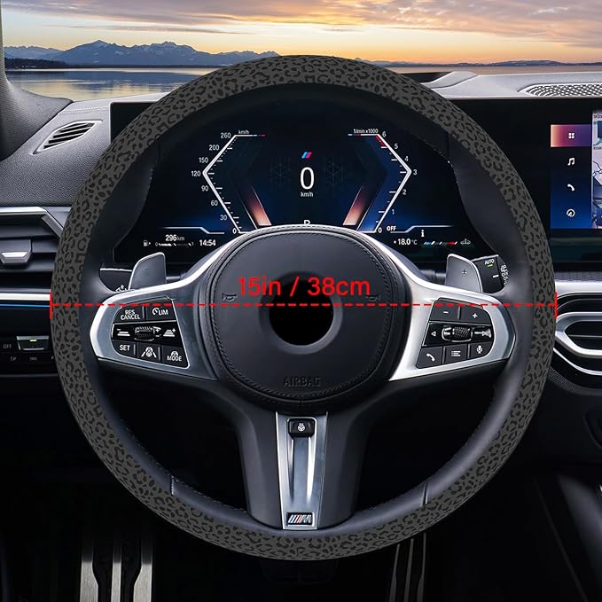 Leopard Print Steering Wheel Cover for Women Men, Anti-Slip Breathable Cute Steering Wheel Protector, Car Accessories Interior, Universal 14" 02/2-15" Fit Auto, Suvs