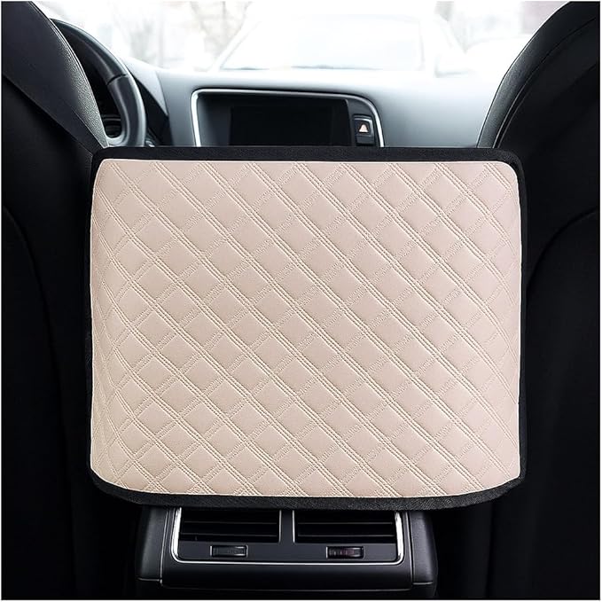 Car Handbag Holder Between Seats, Leather Large Capacity Front Seats Organizer Pocket, Automotive Purse Holder Storage Bag with Buckle Straps, Universal for SUV RV Truck (Khaki)