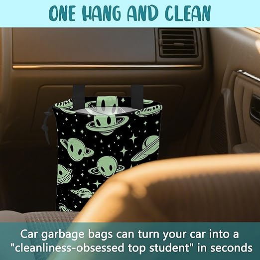 KXWQTRDD Car Trash Bag Abstract Green Aliens and UFO Leak-Proof Car Garbage Bag with Drawstring Foldable Canvas Trash Bin with Adjustable Buckle for Car Accessories