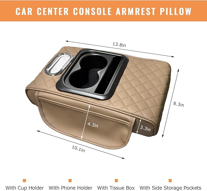 Car Center Console Armrest Pillow, 5-in-1 Armrest Cushion w/ 2 Side Bags, Tissue Box Slot, Cup & Phone Holder, Multifunctional Leather Arm Rest Cover Storage Organizer (Beige, Embroidered)