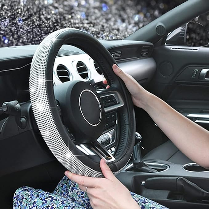 CAR PASS Bling Silver Diamond Leather Steering Wheel Cover, with Sparkly Crystal Glitter Rhinestone Universal Fit 13" 1/2-14" Small Car Wheel Protector for Women Girl Fit Car,SUV,Van,Sedan, Silver