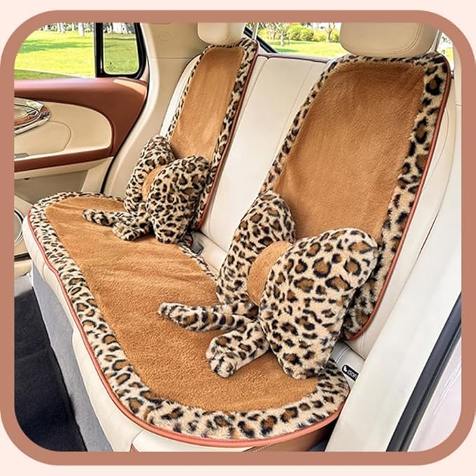 LYFJMUS 4 Pack Plush Bow Car Headrest Pillow and Lumbar Support Pillow Soft Butterfly Car Neck Pillows for Driving Cars Decor (Brown Leopard)