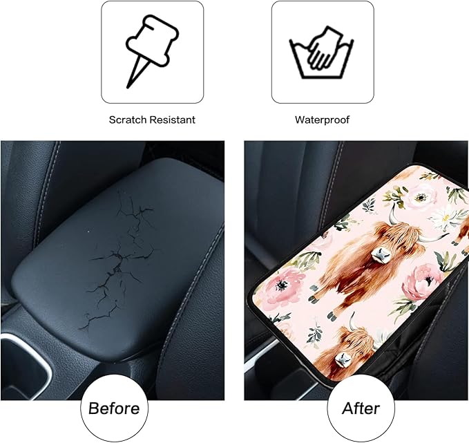 JANENFNA Car Armrest Cover Pads Universal Fashion Cute Auto Center Console Armrest Cover Pad with 2PCS Car Coasters Soft Waterproof Car Armrest Seat Protector for Women,Highland Cow with Flower