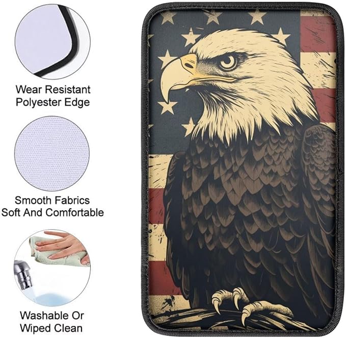Car Center Console Pad, Universal Waterproof Car Armrest Seat Box Cover, Car Interior Accessories for Most Vehicle SUV Truck Vintage American Flag Eagle Car Armrest Pad