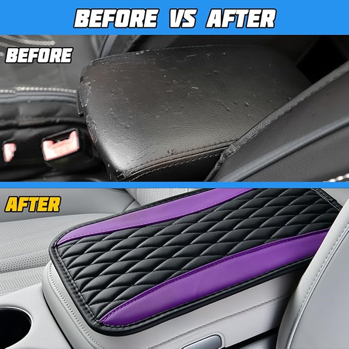 Car Center Console Cover, PU Leather Waterproof Vehicle Armrest Seat Box Protector, Automotive Interior Arm Rest Cushion Protection Accessories, Universal for SUV Sedan Truck (Black/Purple)