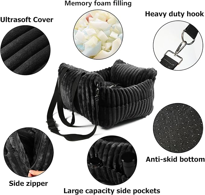 HOMLOVE Dog Car Booster Seat, for Small Dogs Under 30 lbs, Detachable Washable Travel Bed with Storage Pockets and Safety Belt (Black, Medium)