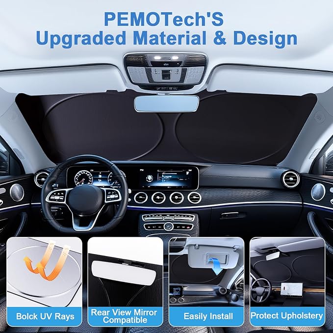 PEMOTech Windshield Sun Shade with Storage Pouch, Thickened Titanium Silver Coating Overlapping Car Window Shades, Blocks 99% Rays & Keeps Interior Cool, Rear View Mirror Compatible (69x35 inches)