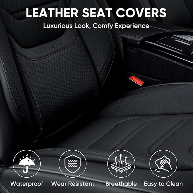 TIEHESYT Black Car Seat Covers Front Pair, Breathable Leather Automotive Front Seat Covers & Headrest for Comfortable Driving, Universal Auto Interior Fit for Most Kinds of Vehicles, SUV, Sedans