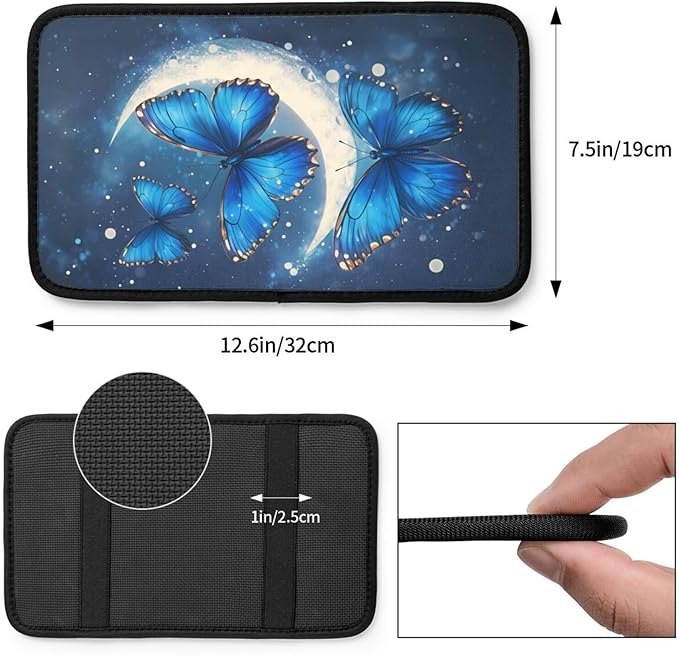 Universal Car Center Console Cushion Pad, Blue Butterfly Moon Soft Waterproof Car Center Console Cover Auto Armrest Seat Box Cover Protector for Most Vehicle SUV Truck Car