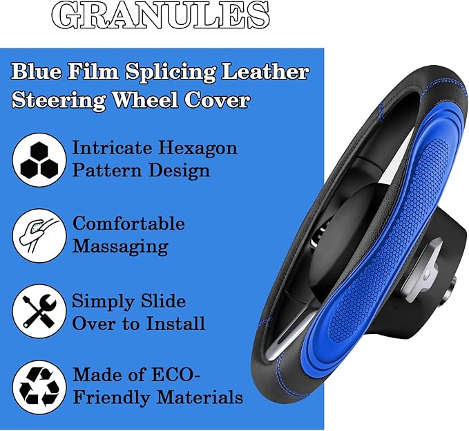 Blue Film Splicing Leather Steering Wheel Cover, Microfiber Leather, Anti-Slip, Breathable, Universal Fit for 14.5–15 in Steering Wheel Cover for Men Women
