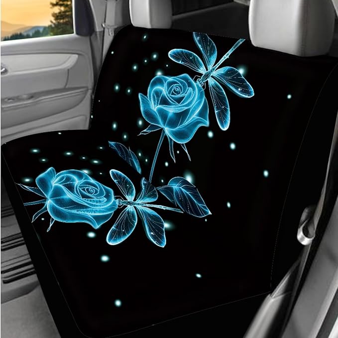 Dngkaoje Blue Rose Dragonfly Car Seat Cover Full Set for Front and Back,13 Pcs Automotive Accessories Set Romantic Rose Print Armrest Cover Protector, Seat Belt Pads,Handbrake Shift Covers